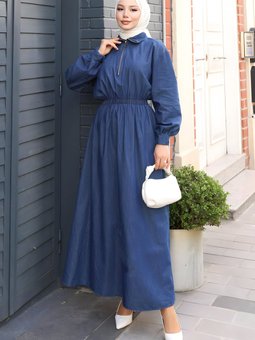 Koyu Mavi Beli Lastikli Fermuarlı Kot Elbise