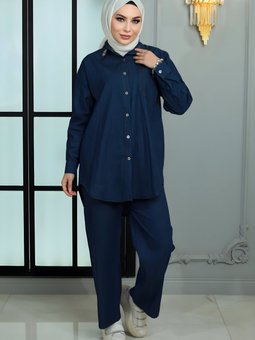 Koyu Mavi İkili Kot Yakası Taşlı Takım