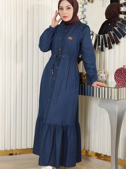 Koyu Mavi Kot Beli Bağcıklı Düğmeli Elbise