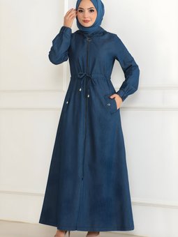 Koyu Mavi Kot Beli Bağcıklı Ferace