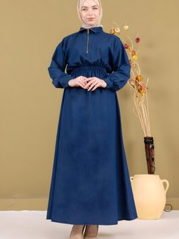 Koyu Mavi Kot Beli Lastikli Fermuarlı Elbise