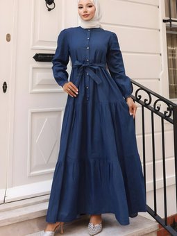 Koyu Mavi Kot Düğmeli Elbise