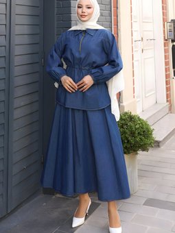 Koyu Mavi Kot Etekli İkili Beli Bağcık Detaylı Takım