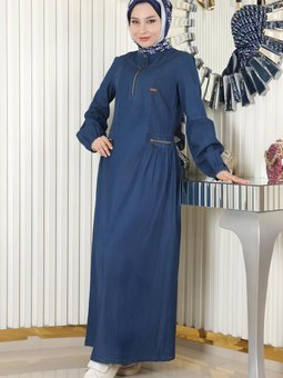 Koyu Mavi Kot Fermuar Detaylı Elbise