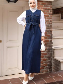 Koyu Mavi Kot Kemer Detaylı Elbise