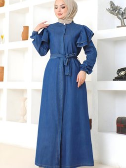 Koyu Mavi Omuzu Fırfırlı Düğmeli Ferace