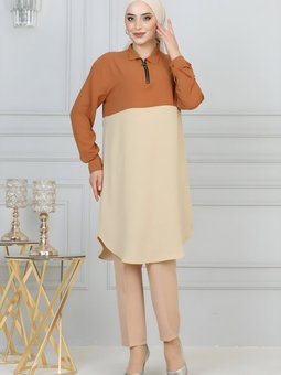 Krem Fermuar Detaylı Tunik