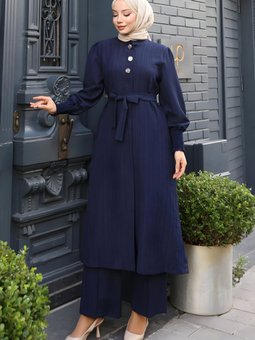 Lacivert İkili Düğme Detaylı Kuşaklı Takım