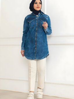 Mavi Kot Düğme Detaylı Tunik