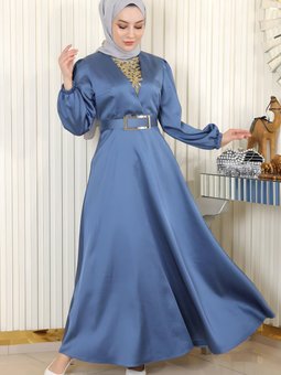 Mavi Saten Taş Detaylı Abiye Elbise