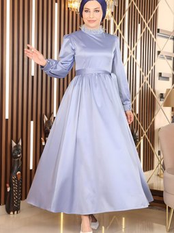 Mavi Saten Tüy Detaylı Abiye Elbise