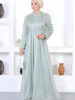 Mint İncili Simli Dantelli Abiye Elbise