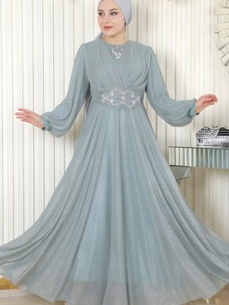 Mint Simli Şifon Drapeli İnci Detaylı Abiye Elbise