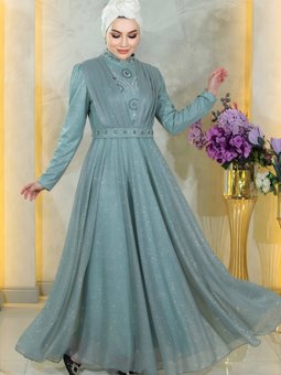 Mint Taş Detaylı Göğsü Drapeli Simli Şifon Abiye Elbise