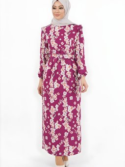 Mürdüm Çiçekli Kalem Elbise