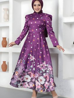 Mürdüm Çiçekli Puantiyeli Saten Abiye Elbise