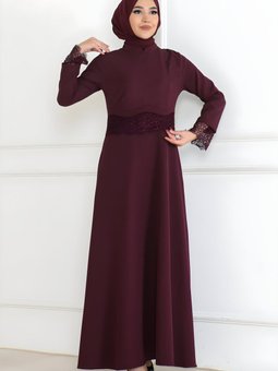 Mürdüm Dantel Detaylı Elbise