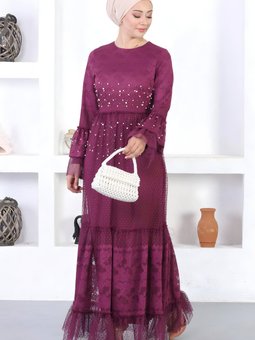 Mürdüm Dantelli İncili Volan Kol Abiye Elbise