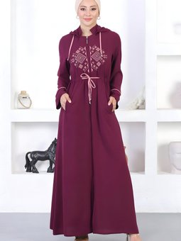 Mürdüm Nakışlı Kapüşonlu Ferace