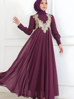 Mürdüm Şifon Dantel Detaylı Abiye Elbise