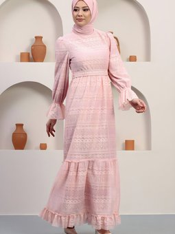 Pudra Dantel İnci Detaylı Abiye Elbise