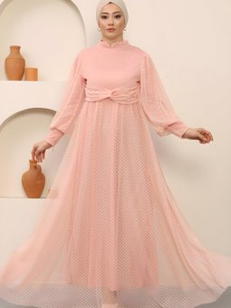 Pudra Tül İnci Detaylı Abiye Elbise
