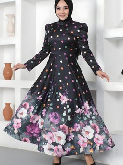 Siyah Çiçekli Puantiyeli Saten Abiye Elbise