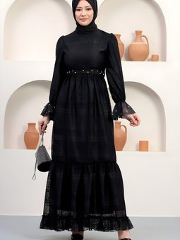 Siyah Dantel İnci Detaylı Abiye Elbise