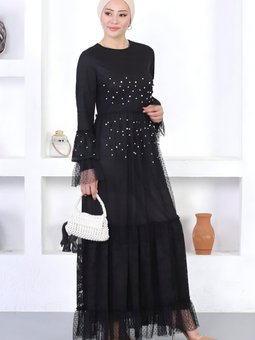 Siyah Dantelli İncili Volan Kol Abiye Elbise