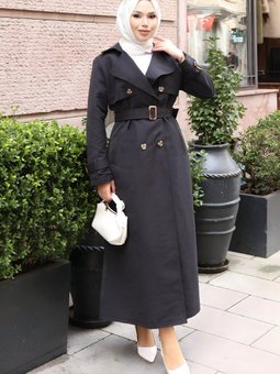 Siyah Düğmeli Kemer Detaylı Trençkot