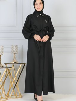 Siyah Fermuarlı Taş Detaylı Ferace