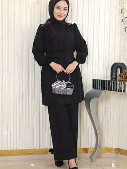 Siyah İkili Kemerli Taş Detaylı Takım