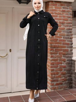 Siyah Kot Düğme Detaylı Ferace