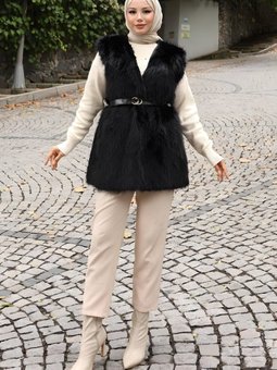 Siyah Kürklü Kemerli Yelek
