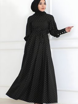 Siyah Puantiyeli Kemerli Elbise