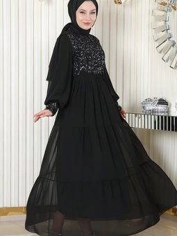 Siyah Pulpayetli Şifon Abiye Elbise