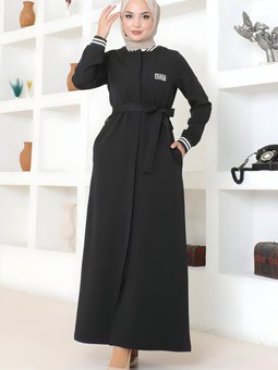 Siyah Ribanalı Gizli Düğmeli Ferace