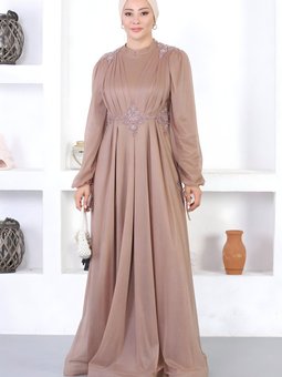 Vizon Dantelli Simli İncili Abiye Elbise