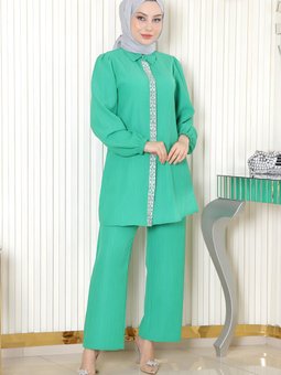 Yeşil İkili Taş Detaylı Takım