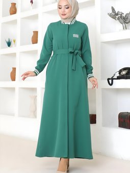 Zümrüt Yeşili Ribanalı Gizli Düğmeli Ferace