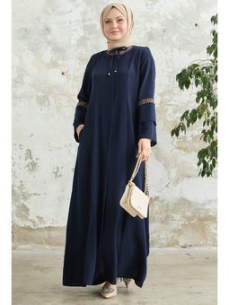 Bağcık Detay Nakışlı Lacivert Ferace