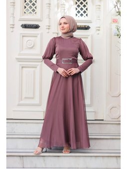 Balonlu Kemerli Tül Abiye Elbise Vizon