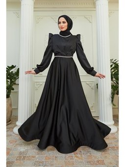 Bera Beli Taş Süslemeli Saten Abiye Elbise Siyah