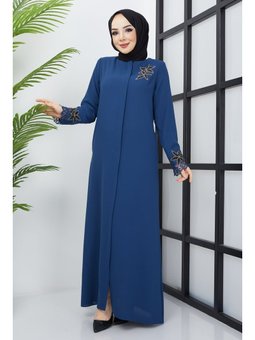 Büyük Beden Dantel Taş İşleme Detaylı İndigo Ferace