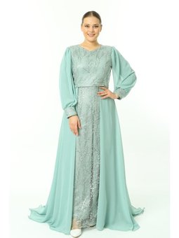 Büyük Beden Uzun Arıkan Abiye Elbise Küf Yeşili