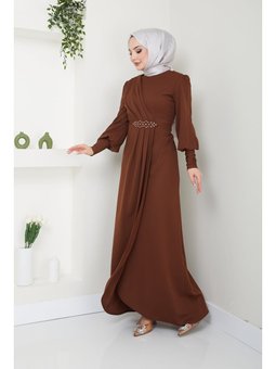 Giyim Moda Aplike Taşlı Uzun Günlük Abiye Elbise Kahverengi