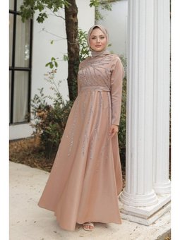 Karsu Krep Saten Abiye Elbise Bej