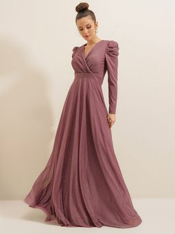 Kravuze Yaka Omuzlar Pileli Astarlı Simli Uzun By Saygı Abiye Elbise Lila