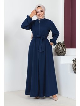 Kuşaklı Cepli Kloş Lacivert Ferace