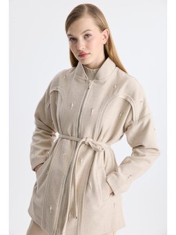 Mayi İnci Fermuarlı Bej Ceket